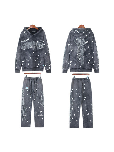 [Buy One Get One Free]  28429767 Black and white dot printed Washed Version hoodie & pants set