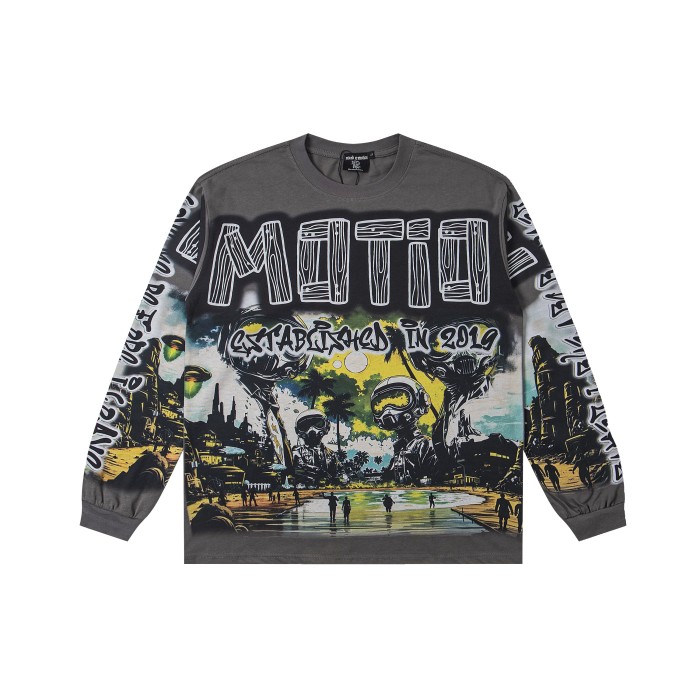 UFO Alien Invasion Printed Long Sleeve T-Shirt 28462021