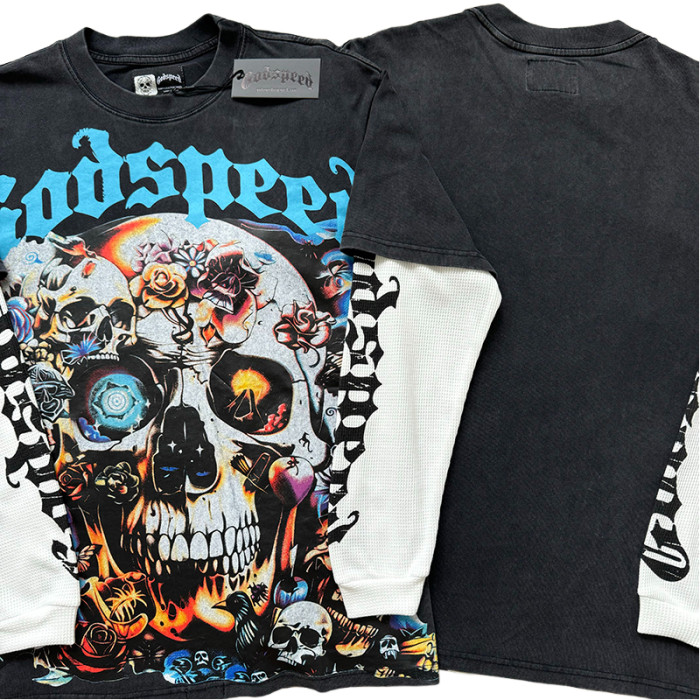 Skull Glitter Bio-Print Washed Version Long-Sleeve T-Shirt 28470963