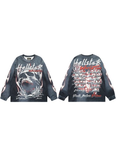 Menacing Skeleton Print Washed Version Long-Sleeve T-Shirt 28471086