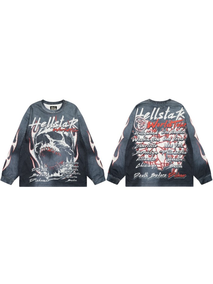 Menacing Skeleton Print Washed Version Long-Sleeve T-Shirt 28471086