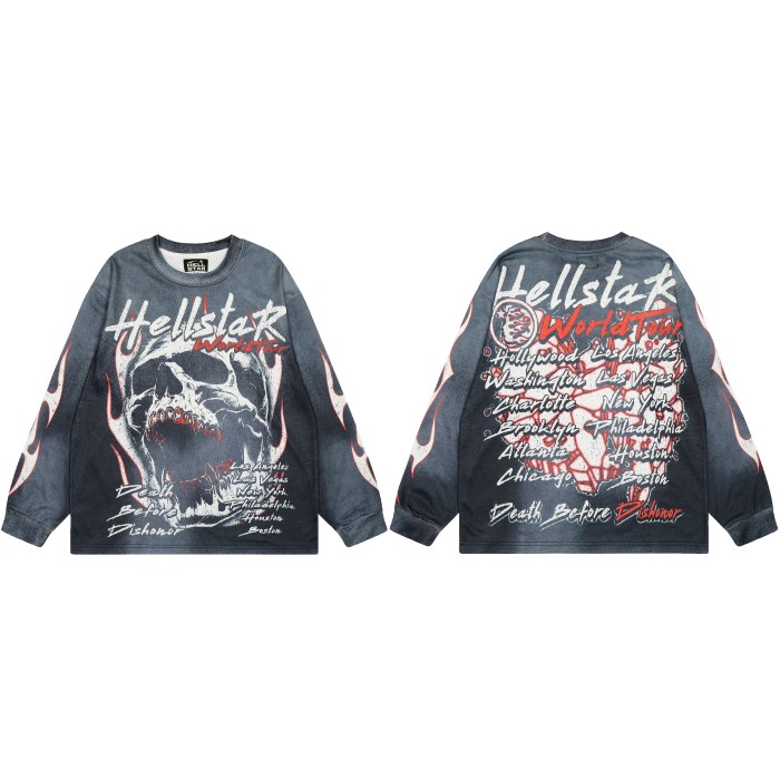 Menacing Skeleton Print Washed Version Long-Sleeve T-Shirt 28471086