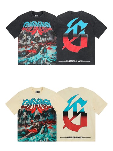 [Buy Two Get One Free]Skull Seaside Vacation Print Washed Version Tee 2 colors 28470961