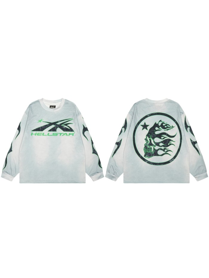 Green letter Print Washed Version Long-Sleeve T-Shirt 28471090