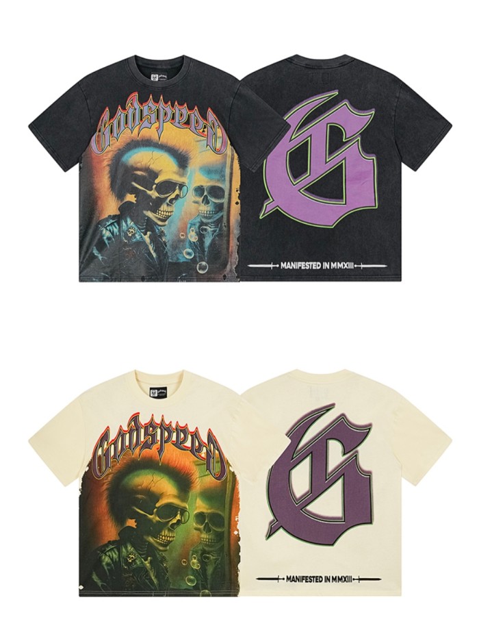 [Buy Two Get One Free]Skull Mirror Print Washed Version Tee 2 colors 28472489