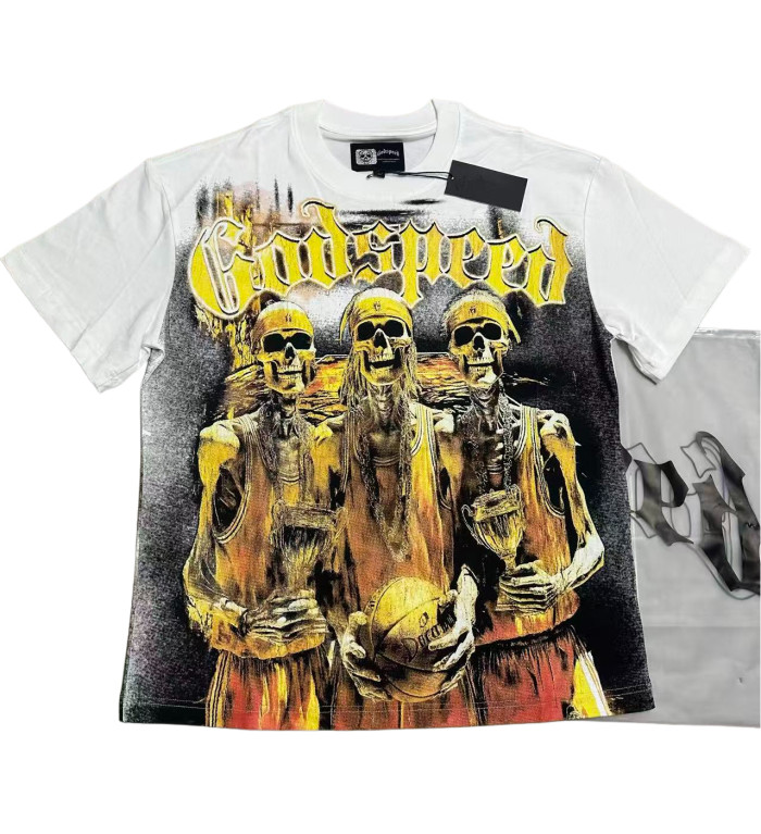 [Buy Two Get One Free]Golden Flame Basketball Team Skull Print Washed Version Tee 2 colors 28474612