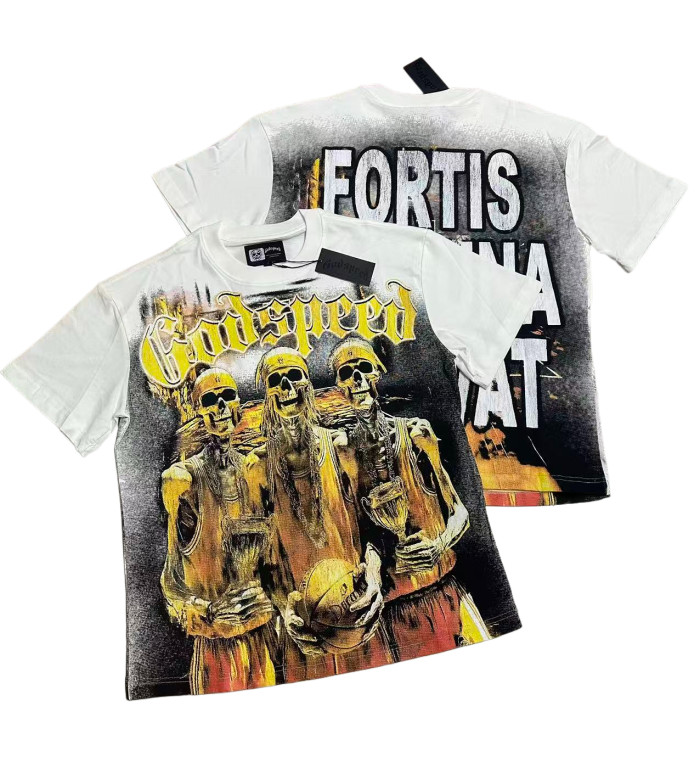 [Buy Two Get One Free]Golden Flame Basketball Team Skull Print Washed Version Tee 2 colors 28474612