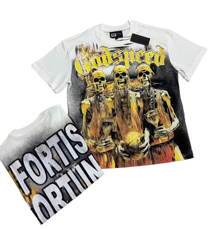 [Buy Two Get One Free]Golden Flame Basketball Team Skull Print Washed Version Tee 2 colors 28474612