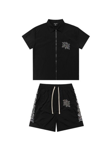 Embroidered Gemstone-Inlaid Zip up Shirt & Shorts Set 28475731