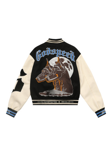 Dog Head Moon Embroidered Baseball Jacket 28485555