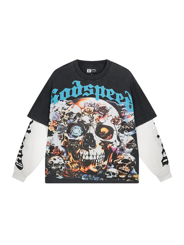 Skull Glitter Bio-Print Washed Version Long-Sleeve T-Shirt 28470963