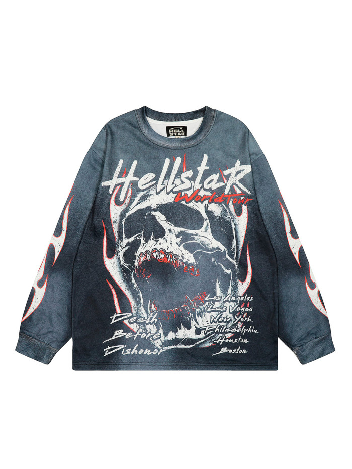 Menacing Skeleton Print Washed Version Long-Sleeve T-Shirt 28471086