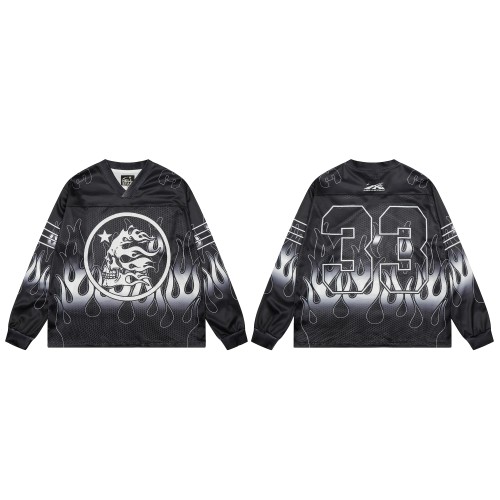 Skull Flame Print Mesh Long Sleeve T-Shirt 28493225