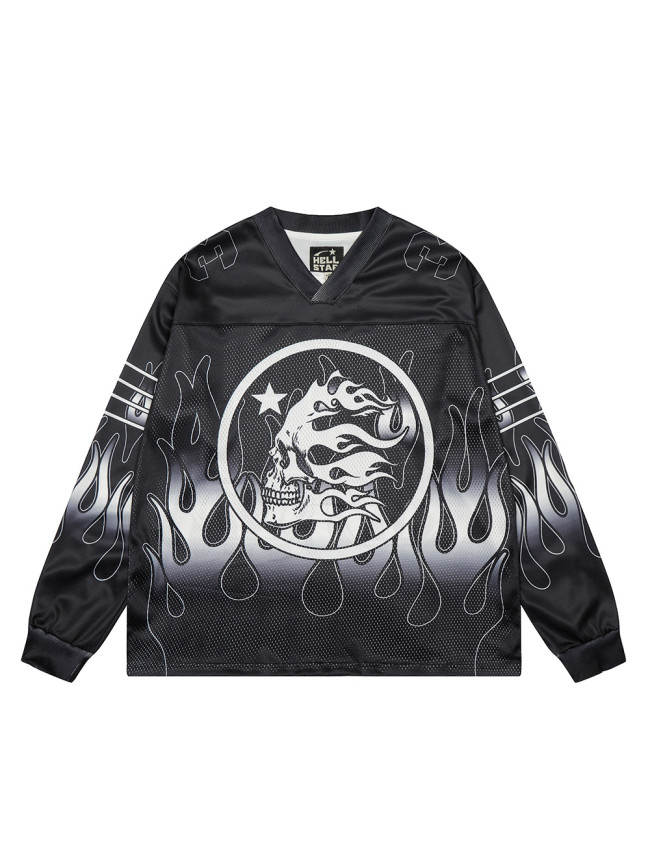 Skull Flame Print Mesh Long Sleeve T-Shirt 28493225