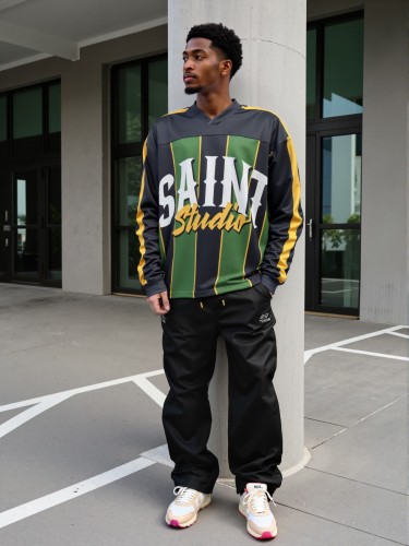 Black and Green Vertical Stripe Print Mesh Panel Long Sleeve T-Shirt 28494497