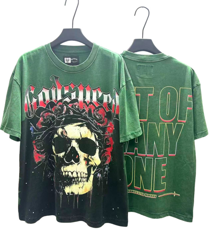[Buy Two Get One Free]Skull with Rose Wreath Print Washed Version Tee 3 colors 28494382