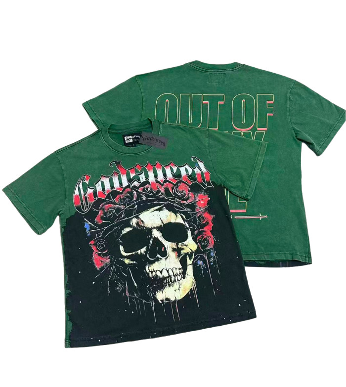 [Buy Two Get One Free]Skull with Rose Wreath Print Washed Version Tee 3 colors 28494382