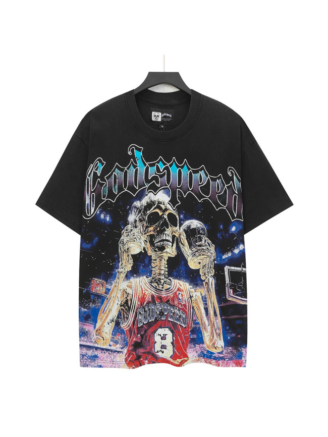 [Buy Two Get One Free]Basketball Skeleton Athlete Trophy Print Washed Version Tee 2 colors 28494360