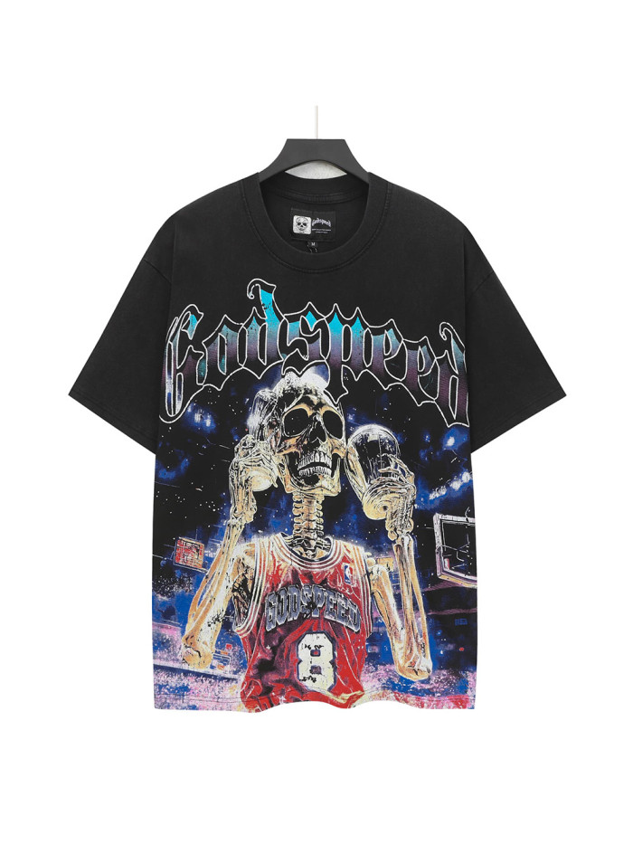 [Buy Two Get One Free]Basketball Skeleton Athlete Trophy Print Washed Version Tee 2 colors 28494360