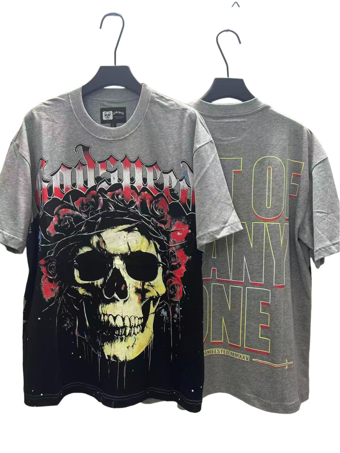 [Buy Two Get One Free]Skull with Rose Wreath Print Washed Version Tee 3 colors 28494382