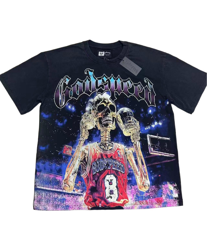 [Buy Two Get One Free]Basketball Skeleton Athlete Trophy Print Washed Version Tee 2 colors 28494360
