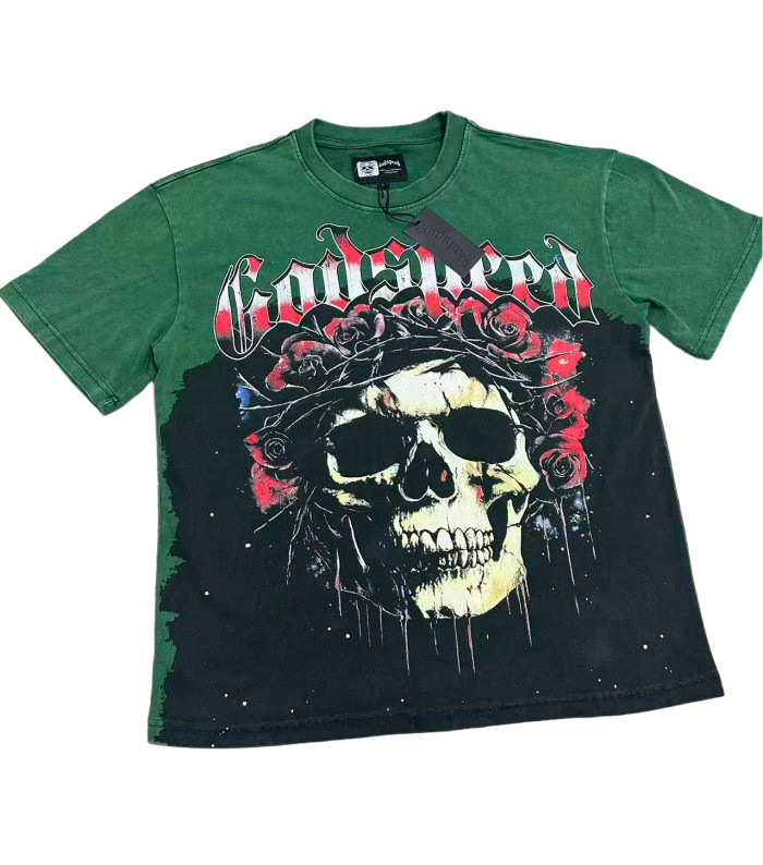 [Buy Two Get One Free]Skull with Rose Wreath Print Washed Version Tee 3 colors 28494382