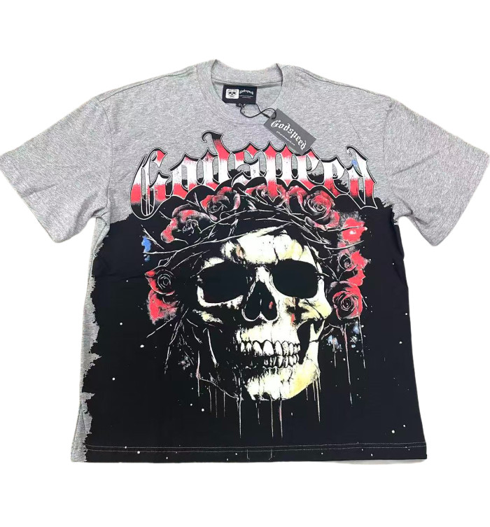 [Buy Two Get One Free]Skull with Rose Wreath Print Washed Version Tee 3 colors 28494382