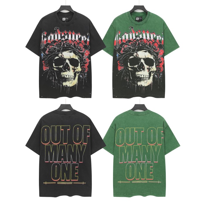 [Buy Two Get One Free]Skull with Rose Wreath Print Washed Version Tee 3 colors 28494382