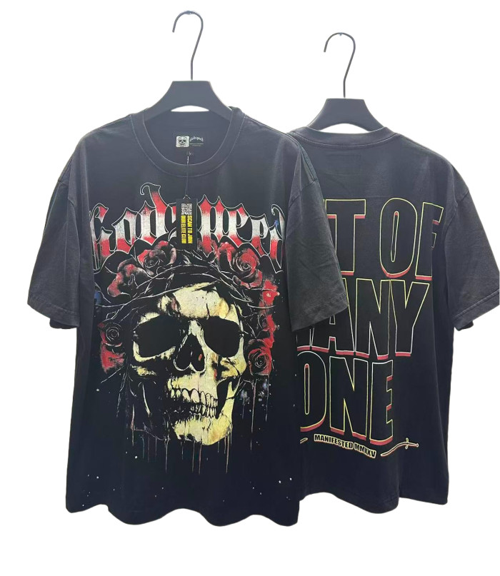 [Buy Two Get One Free]Skull with Rose Wreath Print Washed Version Tee 3 colors 28494382