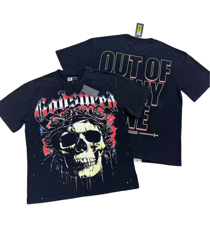 [Buy Two Get One Free]Skull with Rose Wreath Print Washed Version Tee 3 colors 28494382