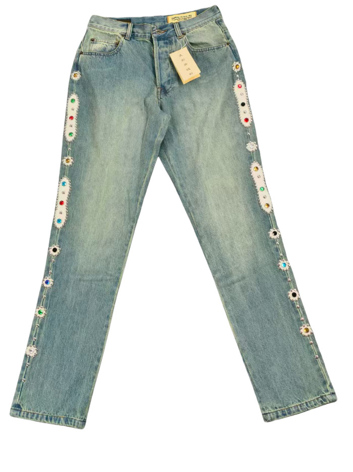 1:1 quality version Side Gem Flower Washed Version Jeans 2 colors