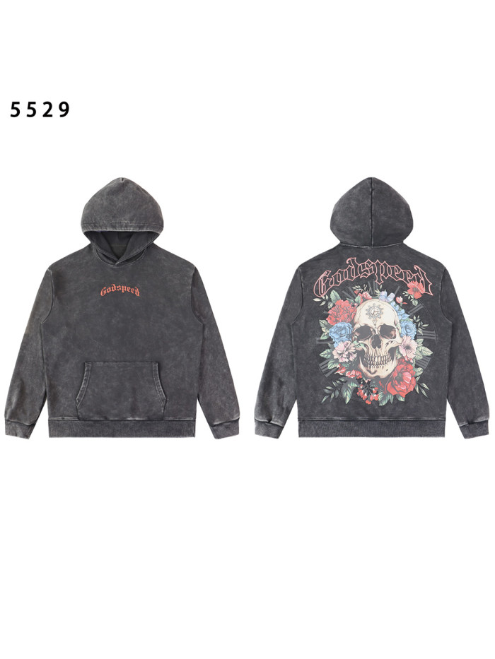 Skull Rose print Washed Version Hoodie 2 colors 28462023