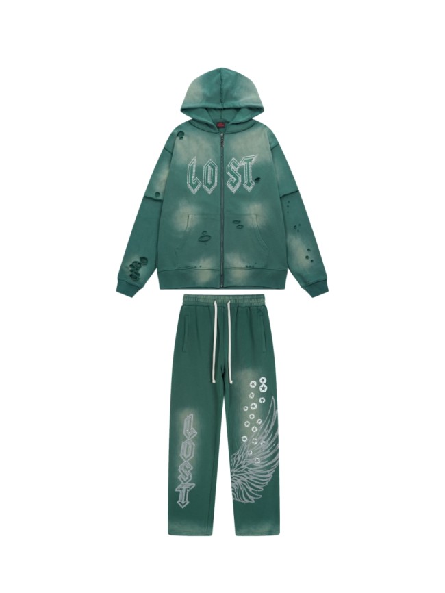 Hot diamond zipper Print washed Version Hoodie & Pants Set 2 colors 28465727
