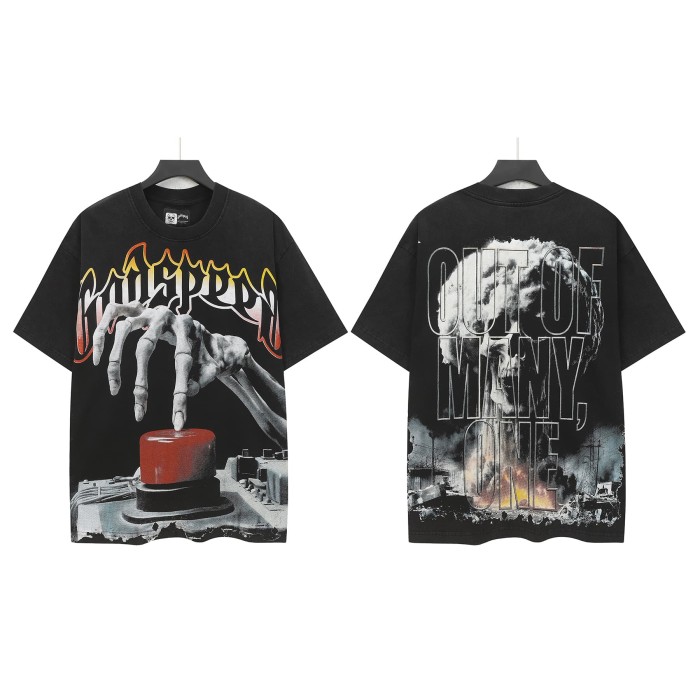 [Buy Two Get One Free]Skull Presses War Initiation Button Printed Washed Version Tee 2 colors 28499577