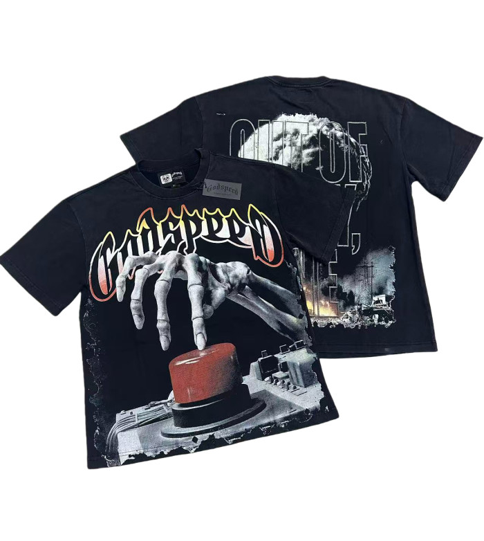 [Buy Two Get One Free]Skull Presses War Initiation Button Printed Washed Version Tee 2 colors 28499577