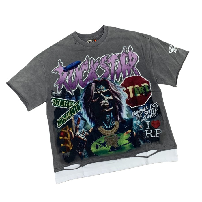 Rock Skull Rhinestone Letter Print Distressed Tee 28512738