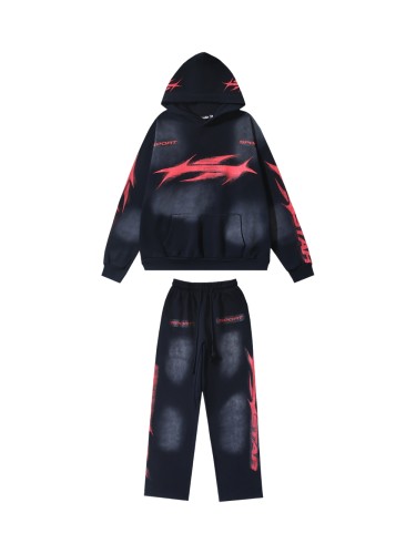 [Buy One Get One Free]  Sport Red Logo Print Washed Version hoodie & pants set 28519162