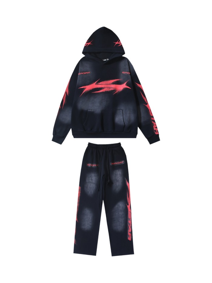 Sport Red Logo Print Washed Version hoodie & pants set 28519162