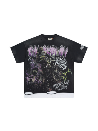 Skull Motorcycle Racer Rhinestone Letter Print Washed Version Distressed Tee 28519060