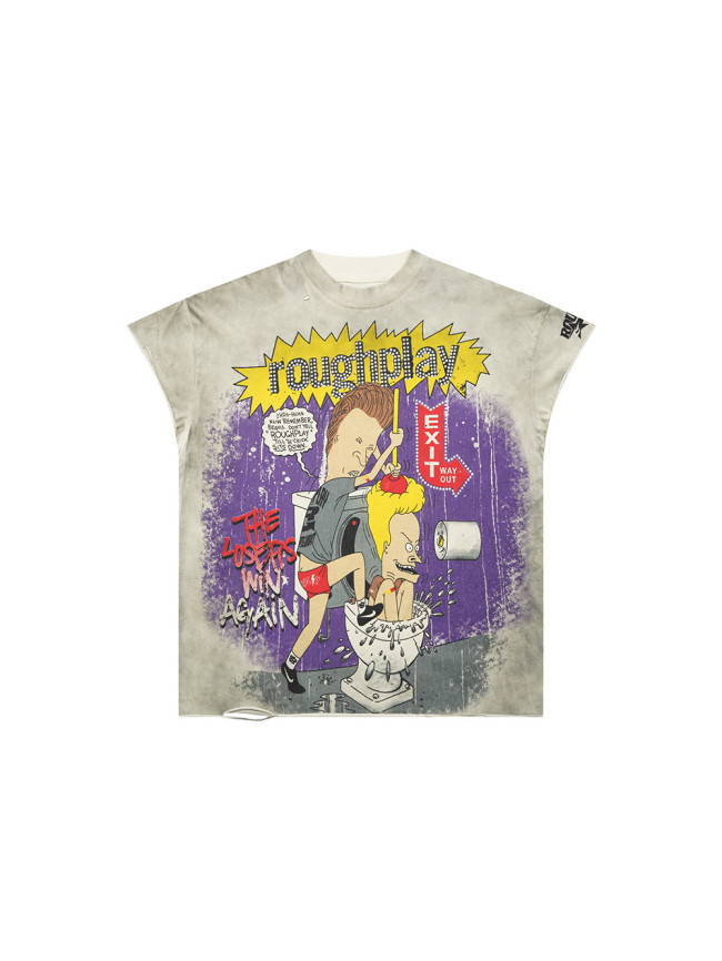 Rhinestone Letter Playful Cartoon Print Distressed Vest 28529872