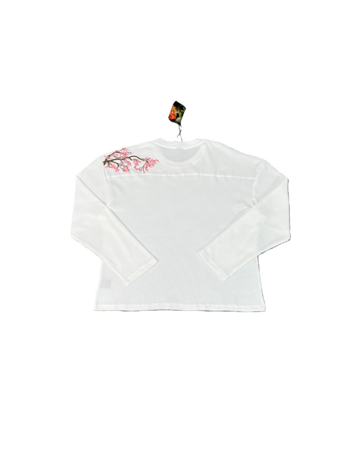 [50% Off]Derschutze Cherry Blossom Embroidered Waffle Weave Long Sleeve T-Shirt 28565684