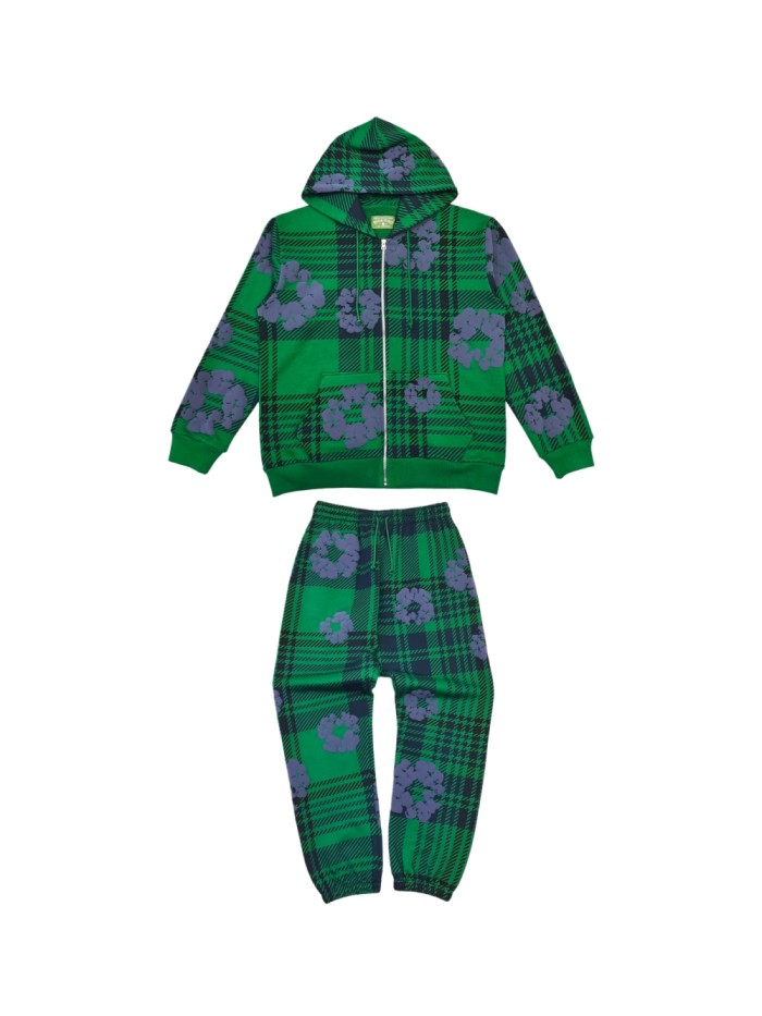 1:1 quality version Houndstooth Cotton Fleece Zipper Hoodie & Pants Set 3 colors 28566172