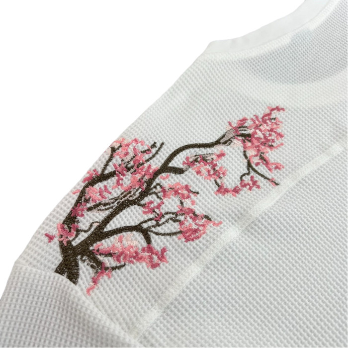 [50% Off]Derschutze Cherry Blossom Embroidered Waffle Weave Long Sleeve T-Shirt 28565684
