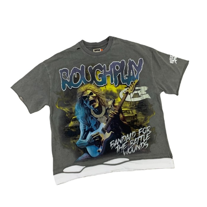 Guitar Skull Hotfix Rhinestone Print Washed Version Tee 28572225