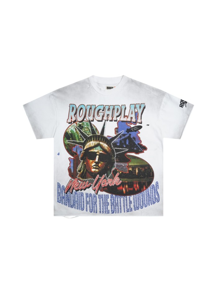 Statue of Liberty Head Hotfix Rhinestone Print Washed Version Tee 28572229
