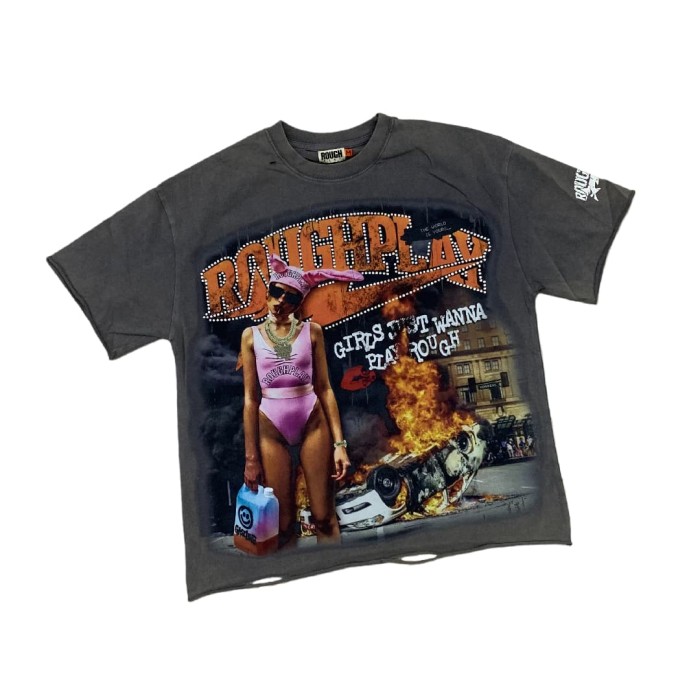 Flaming Pink Lady Hotfix Rhinestone Print Washed Version Tee 28572228