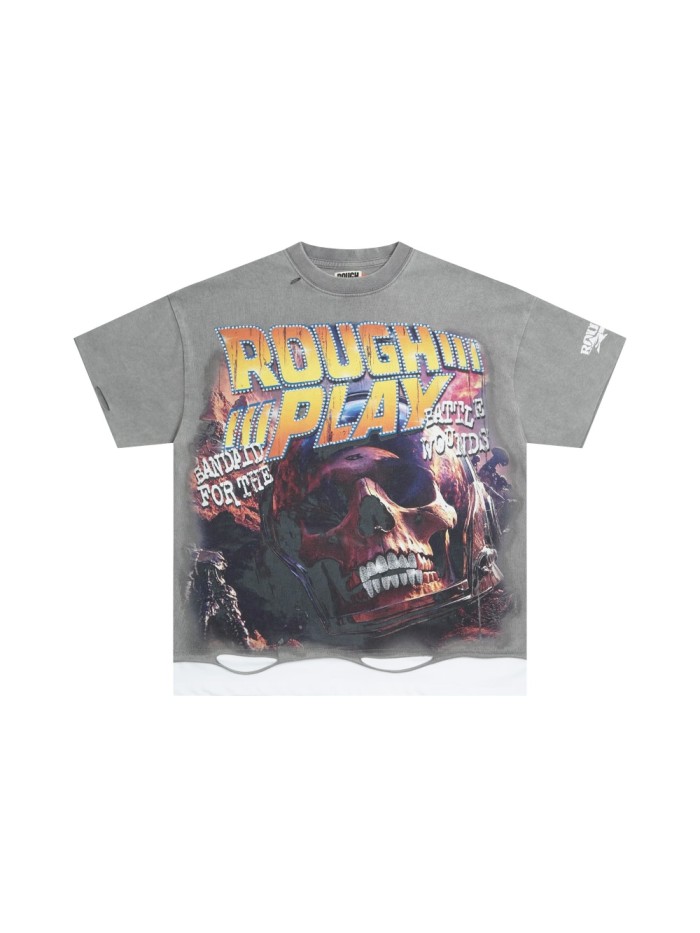 Crimson Skull Hotfix Rhinestone Print Washed Version Tee 28572224