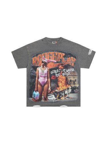 Flaming Pink Lady Hotfix Rhinestone Print Washed Version Tee 28572228