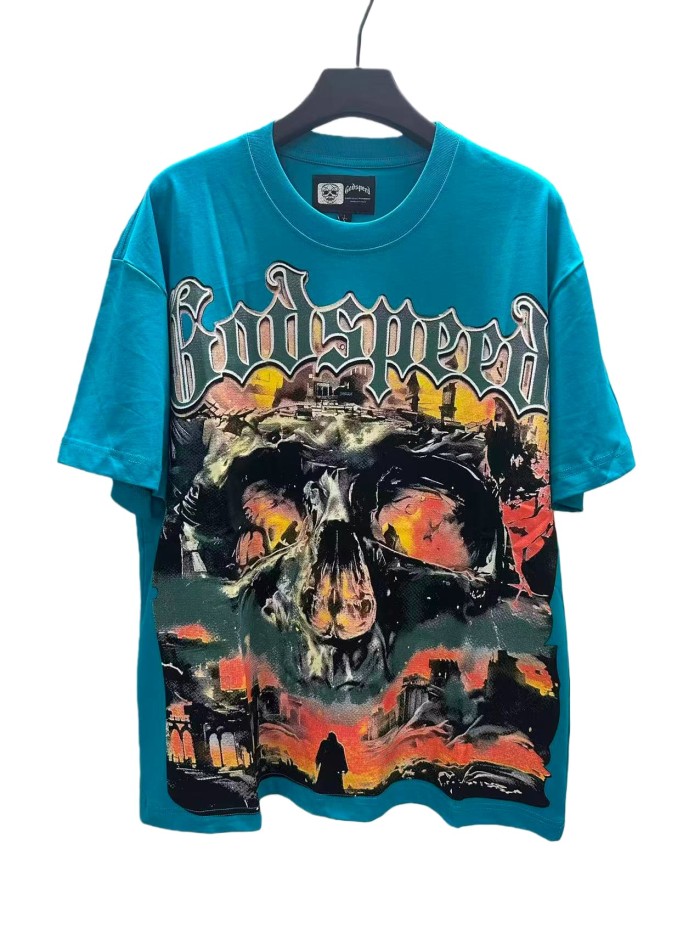 [Buy Two Get One Free]Flame Skeleton Ruined City Print Washed Version Tee 2 colors 28576259