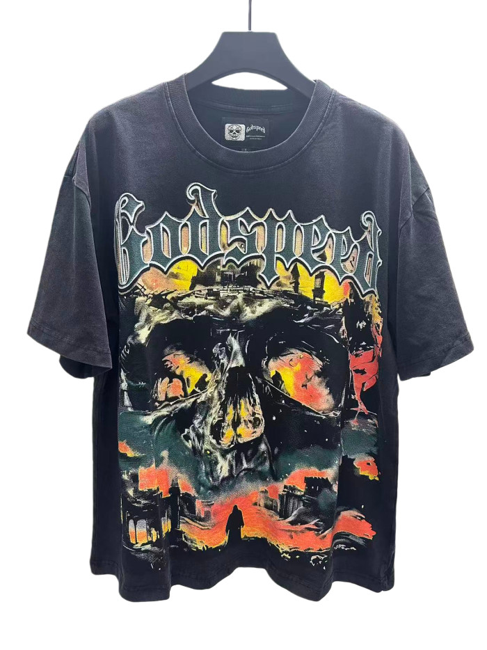 [Buy Two Get One Free]Flame Skeleton Ruined City Print Washed Version Tee 2 colors 28576259
